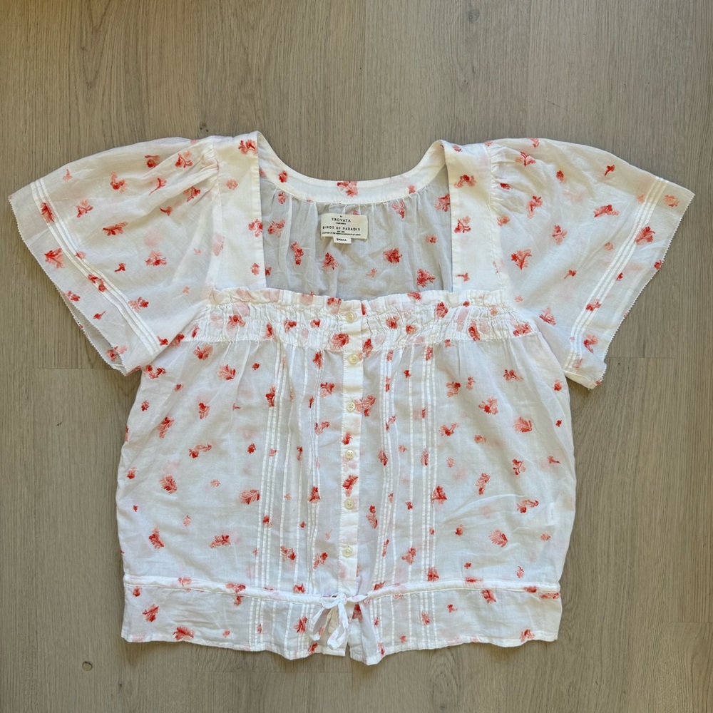 Trovata Birds in Paradis White Lorita Peasant Blouse Floral Embroidery Small